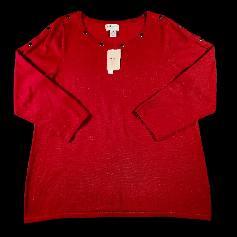 Womens Carmen Marc Valvo 3/4 Sleeve Studded Knit Top Christmas Red Size 2X